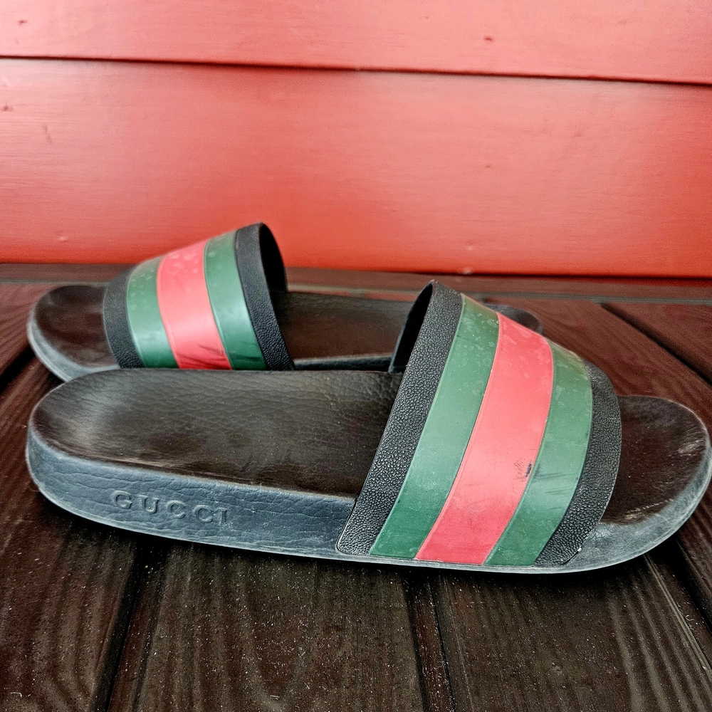 Gucci Black Slides with Red and Green Stripes